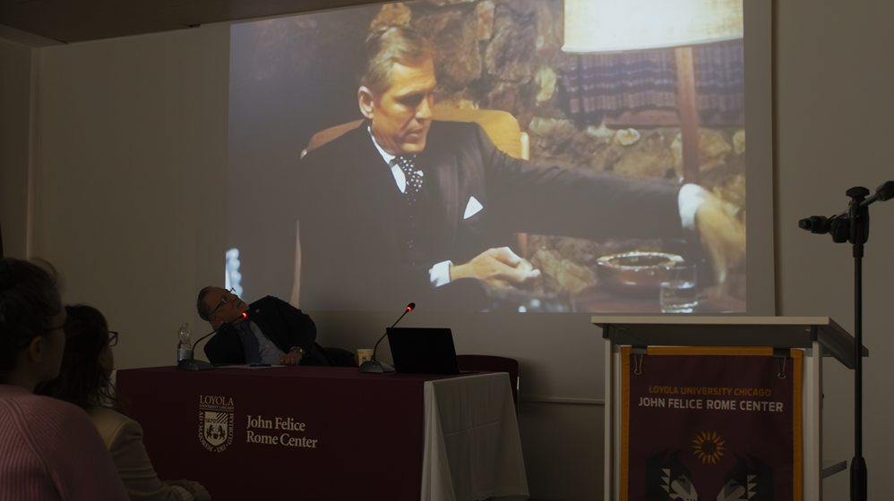Professor Nicaso and Santeramo show the Rome Center community a clip from the Godfather 2 Professor Nicaso and Santeramo show the Rome Center community a clip from the Godfather 2